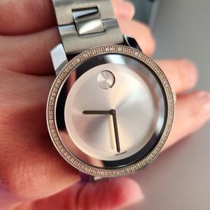 Movado Stainless Steel Crystal Embellished Bezel Watch